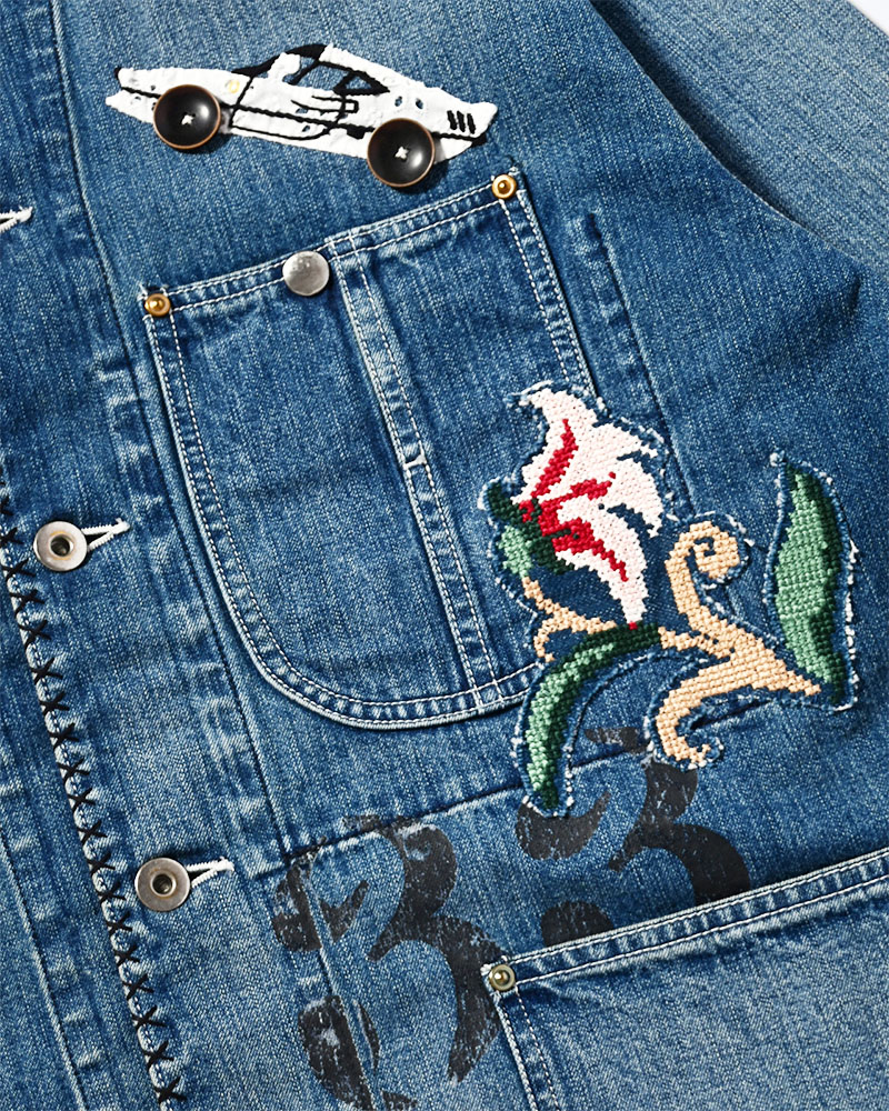 Hand-Embroidered Denim Coverall -INDIGO-