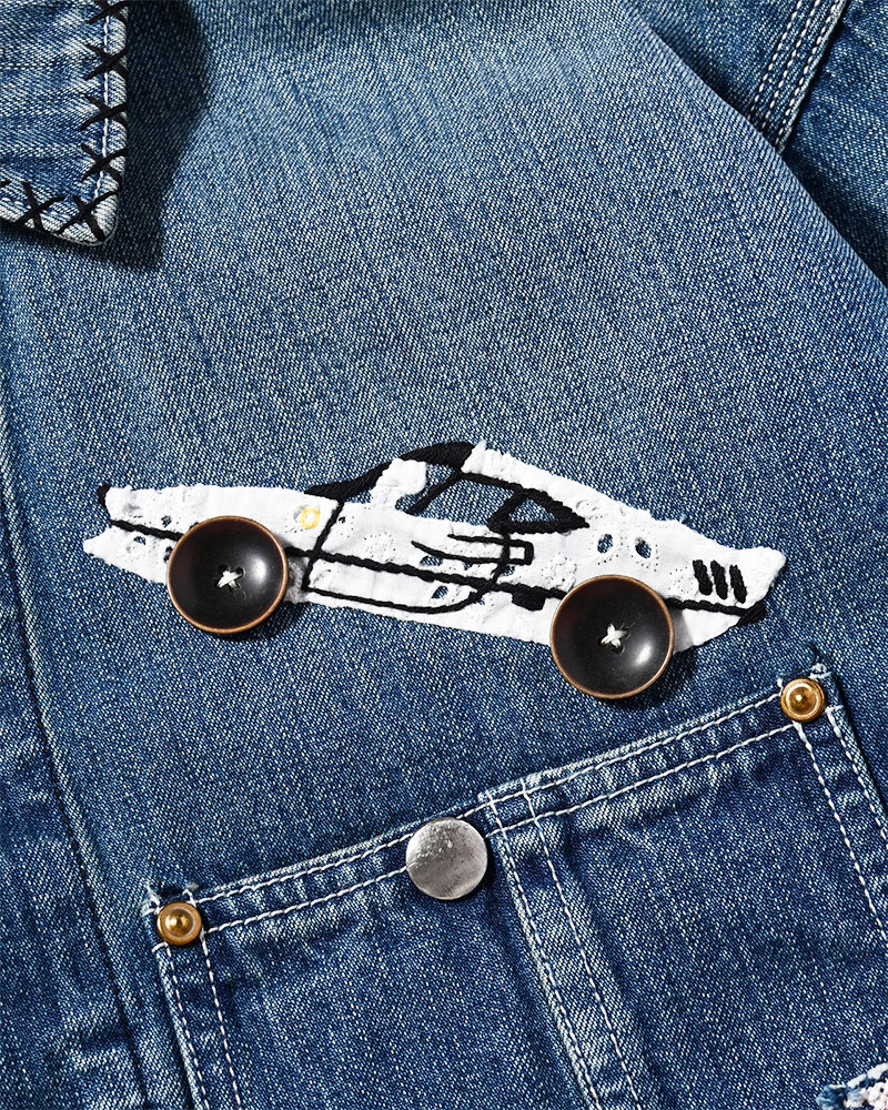 Hand-Embroidered Denim Coverall -INDIGO-