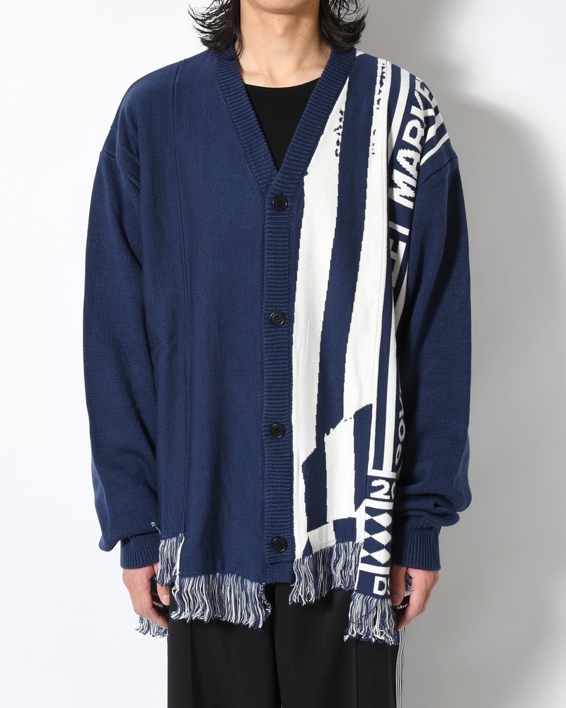 UNISEX 2 CONTRAST SCARVES PATCHWORK CARDIGAN -NAVY OFF WHITE-