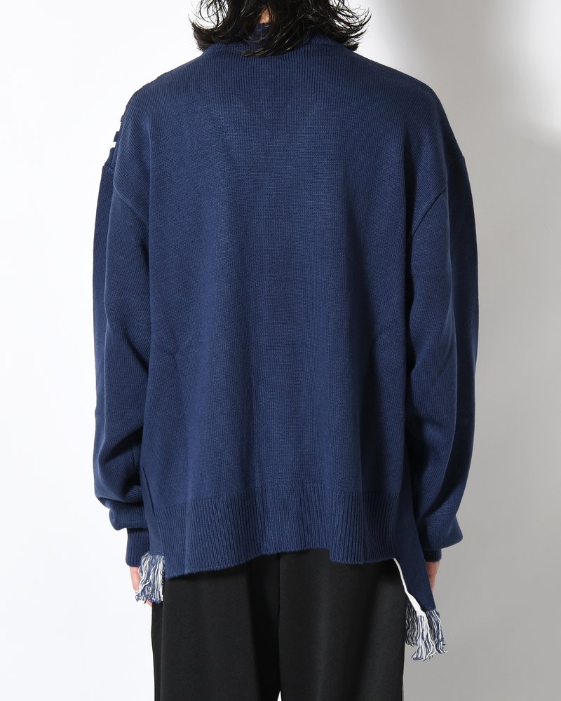 UNISEX 2 CONTRAST SCARVES PATCHWORK CARDIGAN -NAVY OFF WHITE-