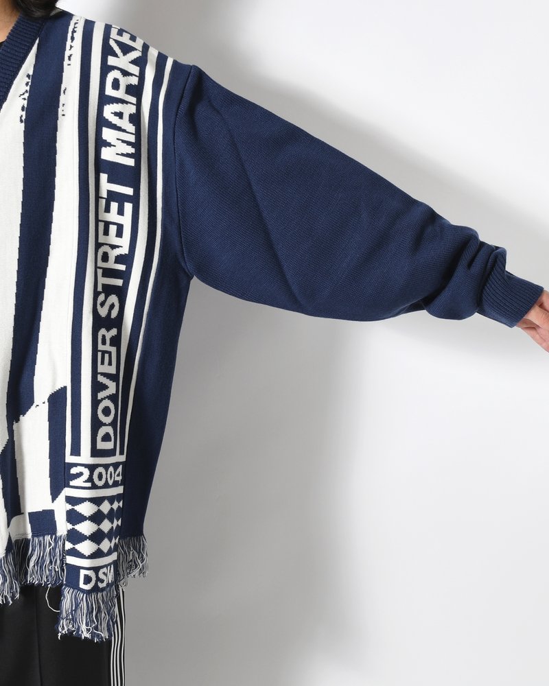 UNISEX 2 CONTRAST SCARVES PATCHWORK CARDIGAN -NAVY OFF WHITE-