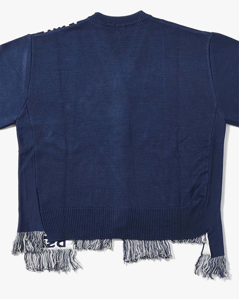 UNISEX 2 CONTRAST SCARVES PATCHWORK CARDIGAN -NAVY OFF WHITE-
