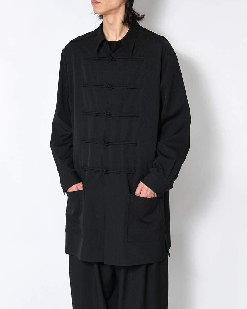 WOOL GABARDINE CHINA BUTTON BLOUSE -BLACK-