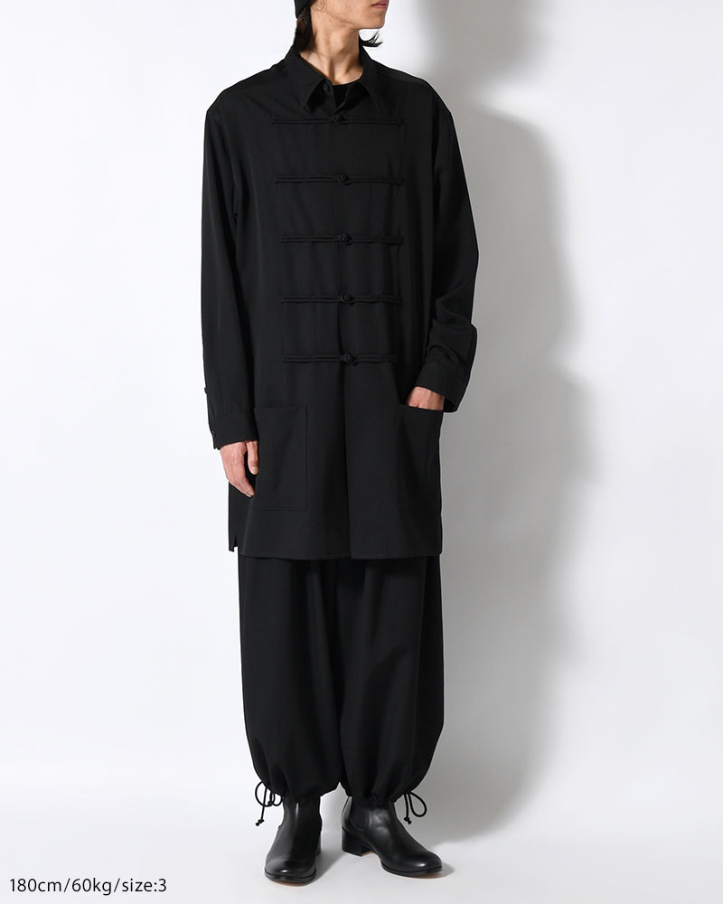 WOOL GABARDINE CHINA BUTTON BLOUSE -BLACK-