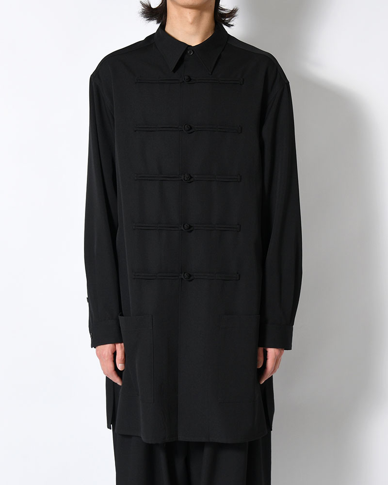 WOOL GABARDINE CHINA BUTTON BLOUSE -BLACK-