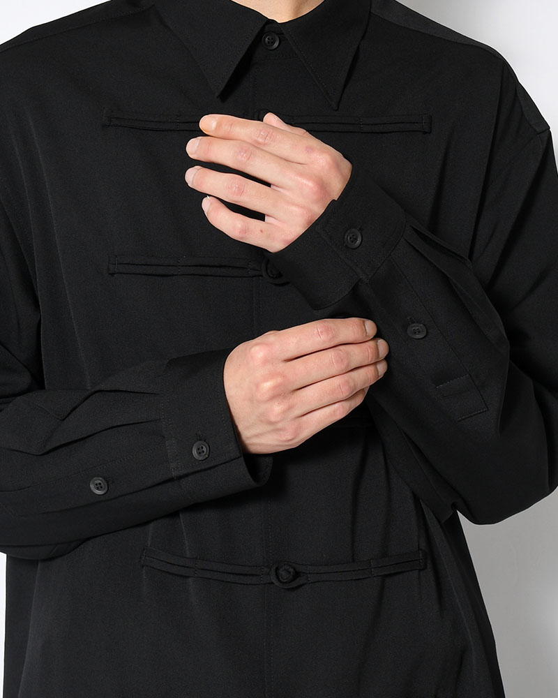 WOOL GABARDINE CHINA BUTTON BLOUSE -BLACK-