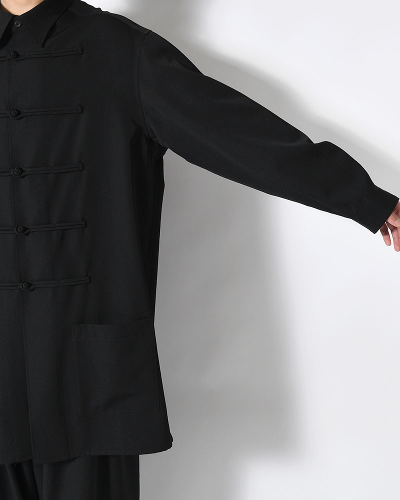 WOOL GABARDINE CHINA BUTTON BLOUSE -BLACK-