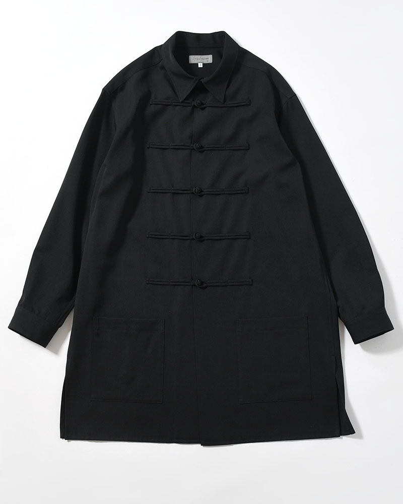 WOOL GABARDINE CHINA BUTTON BLOUSE -BLACK-