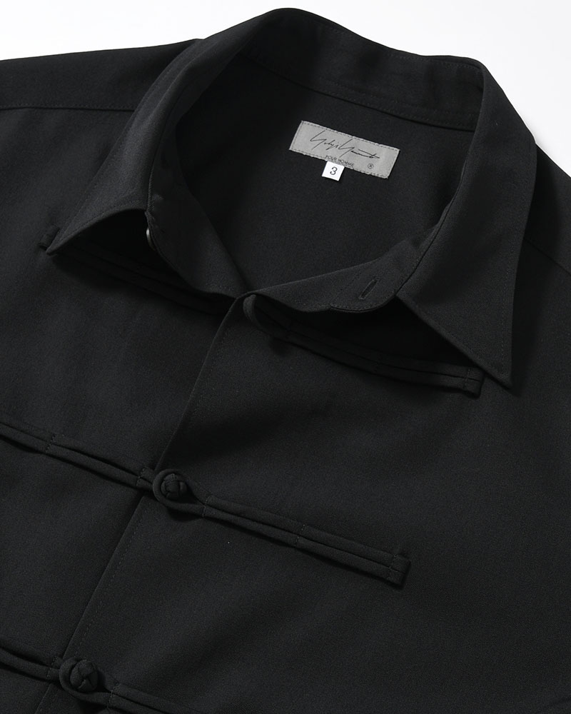 WOOL GABARDINE CHINA BUTTON BLOUSE -BLACK-