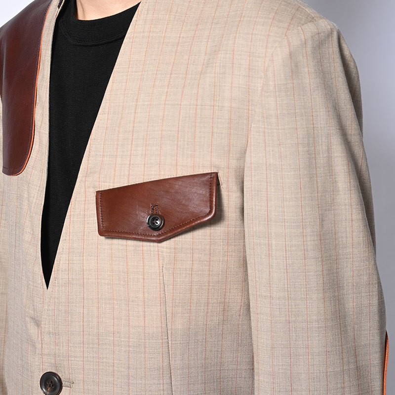 Leather-Patch No-Collar Jacket -2.COLOR-