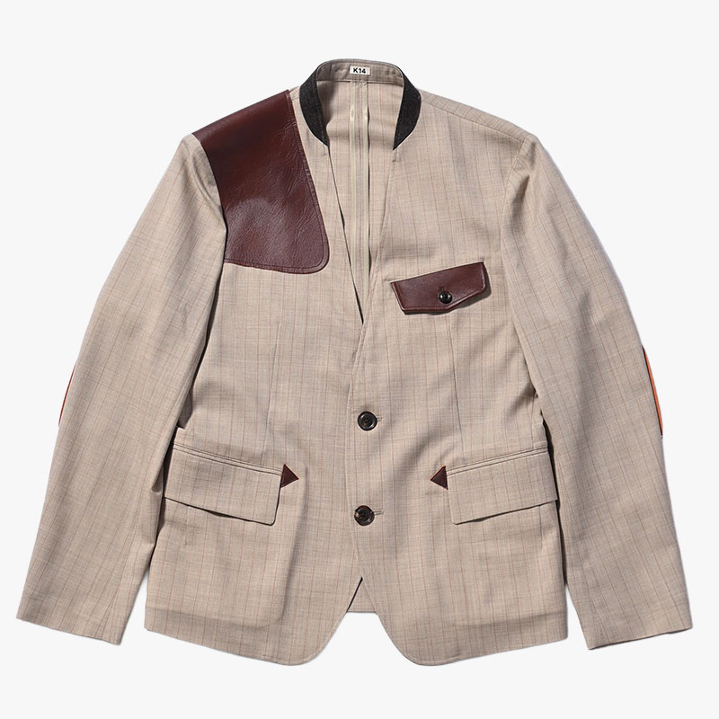 Leather-Patch No-Collar Jacket -2.COLOR-(BEIGE)