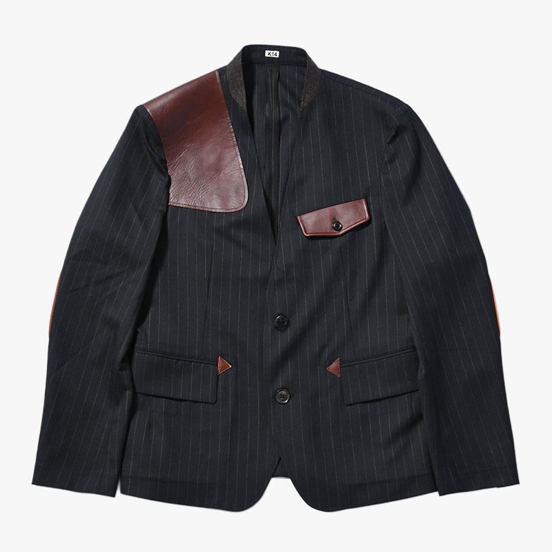 Leather-Patch No-Collar Jacket -2.COLOR-(BLACK)