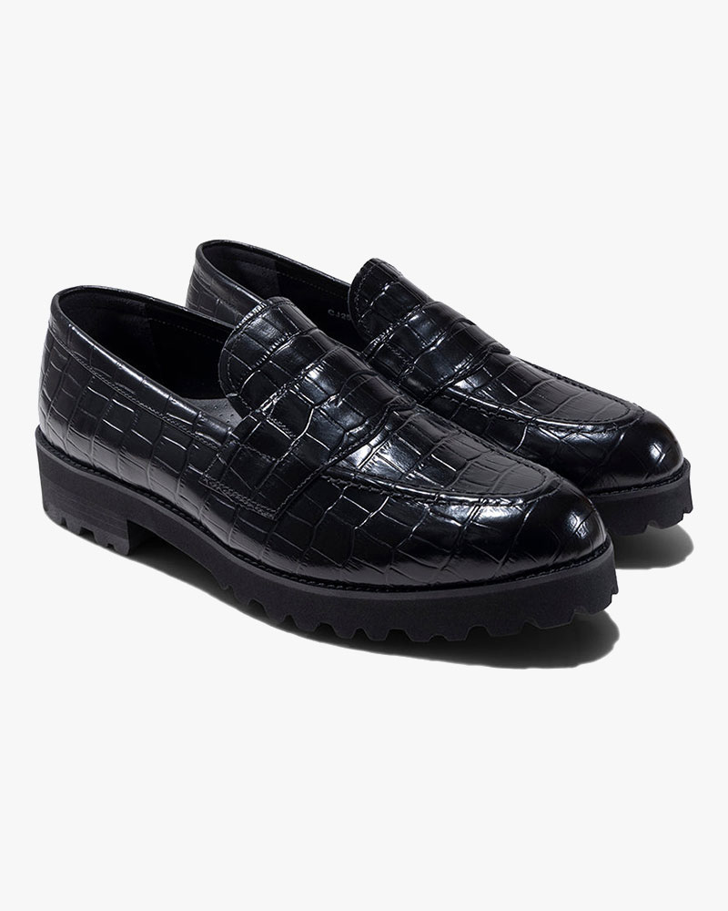 TANK SOLE CROCODILE LOAFERS -BLACK-