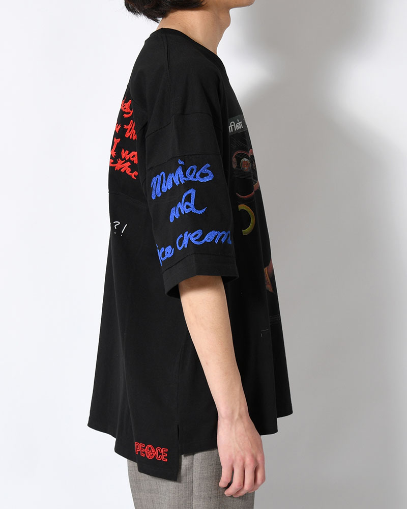 BIG SIZE SLIT T-SH (EMBROIDERY) -BLACK-