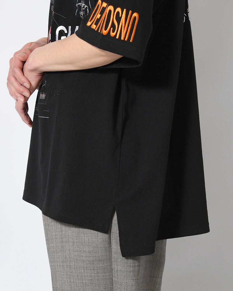 BIG SIZE SLIT T-SH (EMBROIDERY) -BLACK-