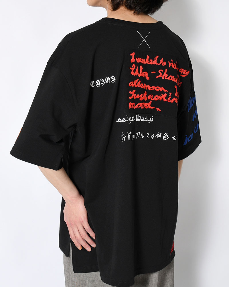 BIG SIZE SLIT T-SH (EMBROIDERY) -BLACK-