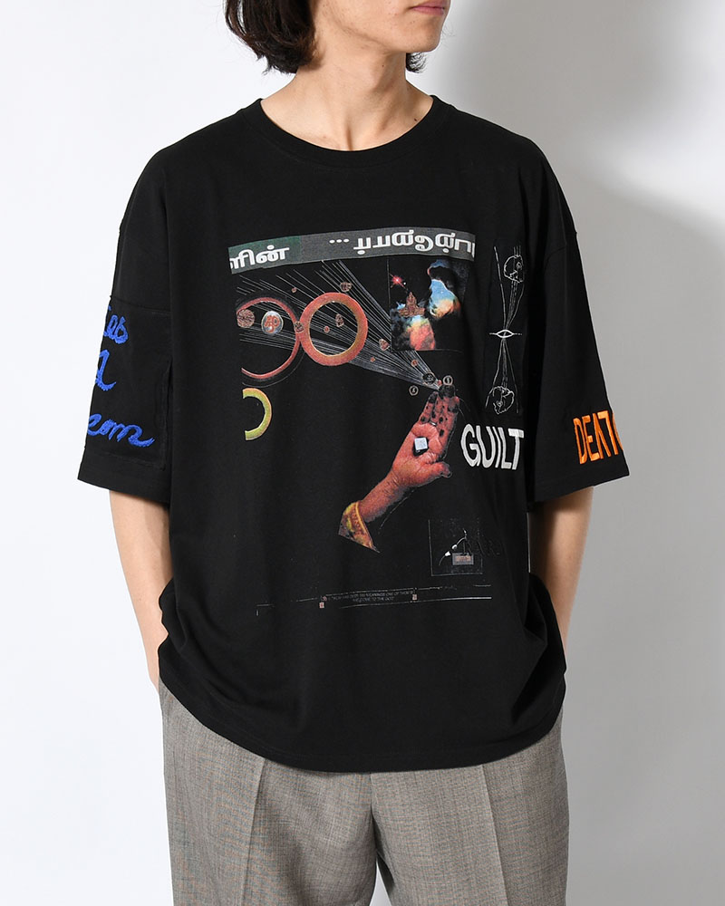 BIG SIZE SLIT T-SH (EMBROIDERY) -BLACK-