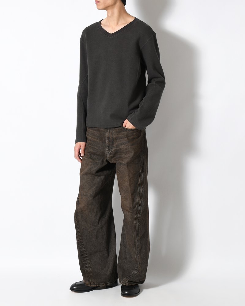 PANELLED LONG SLEEVE V-NECK T-SHIRT -CHARCOAL-
