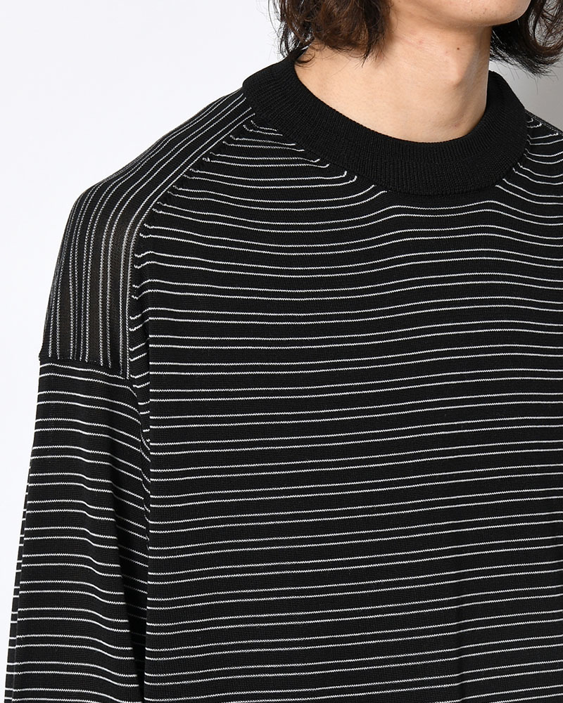RESEARCHED SWEATER / RAYON MIX YARN BORDER -BLACK-