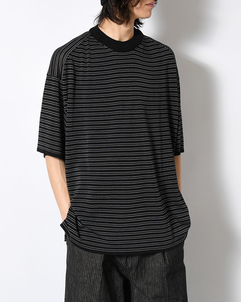 RESEARCHED SWEATER SS / RAYON MIX YARN BORDER -BLACK-