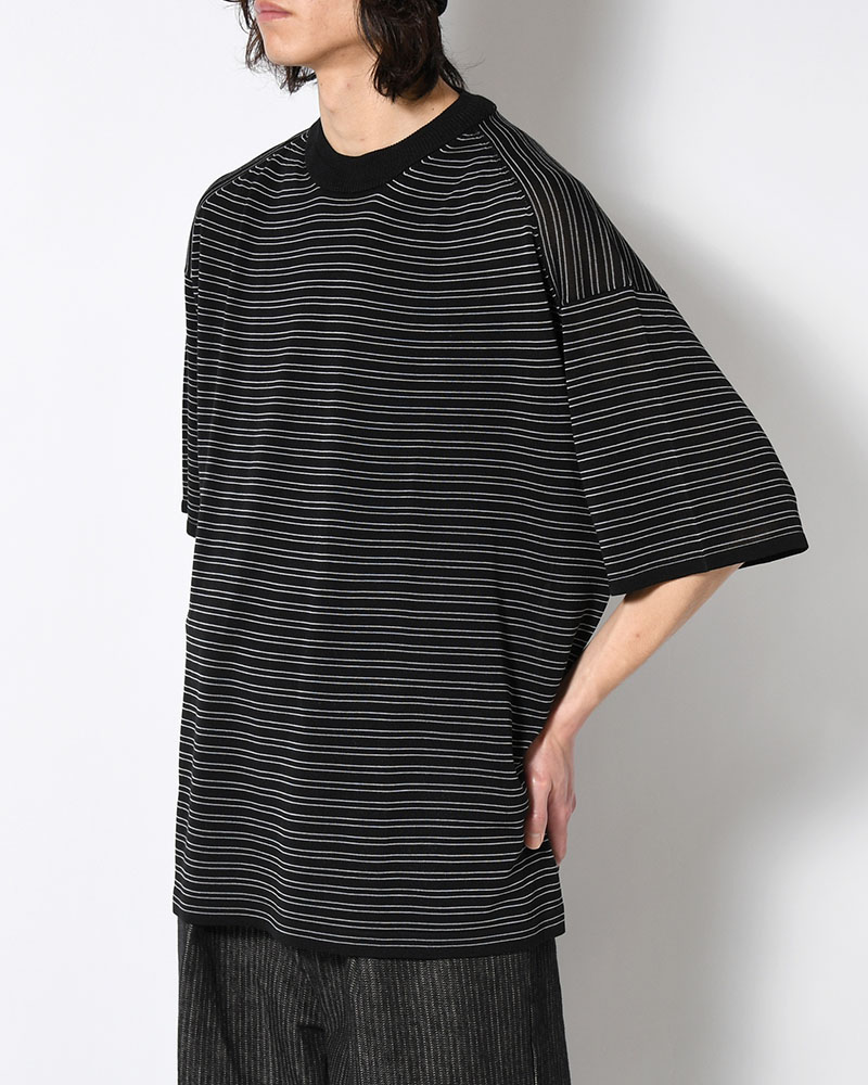 RESEARCHED SWEATER SS / RAYON MIX YARN BORDER -BLACK-