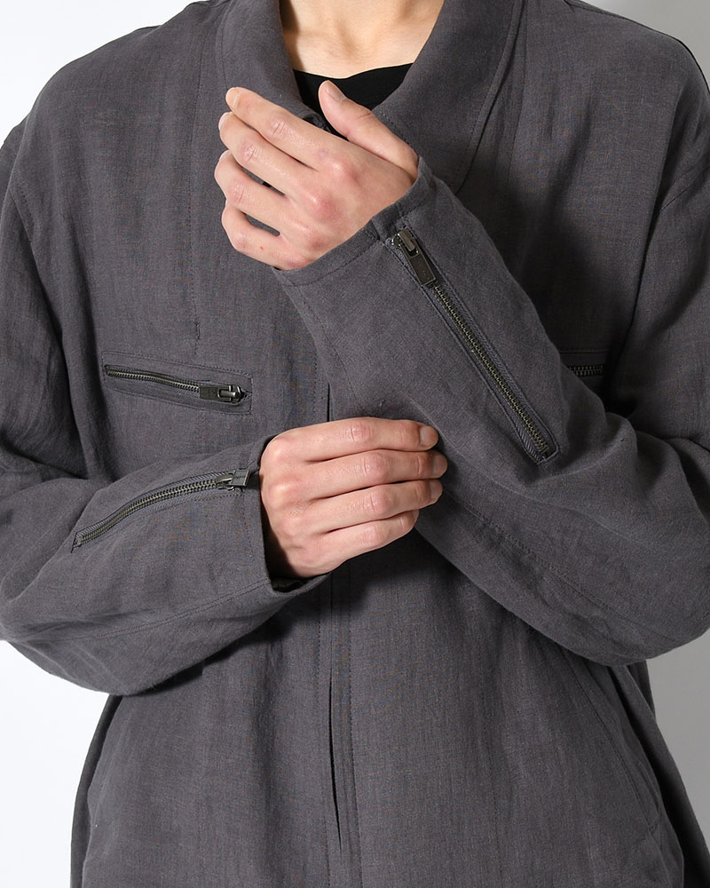 LINEN CLOTH ZIPPER BLOUSON -CHARCOAL-