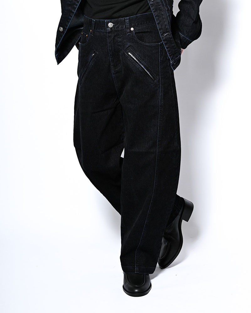 FLOCKY DENIM CURVE PANTS -BLACK-