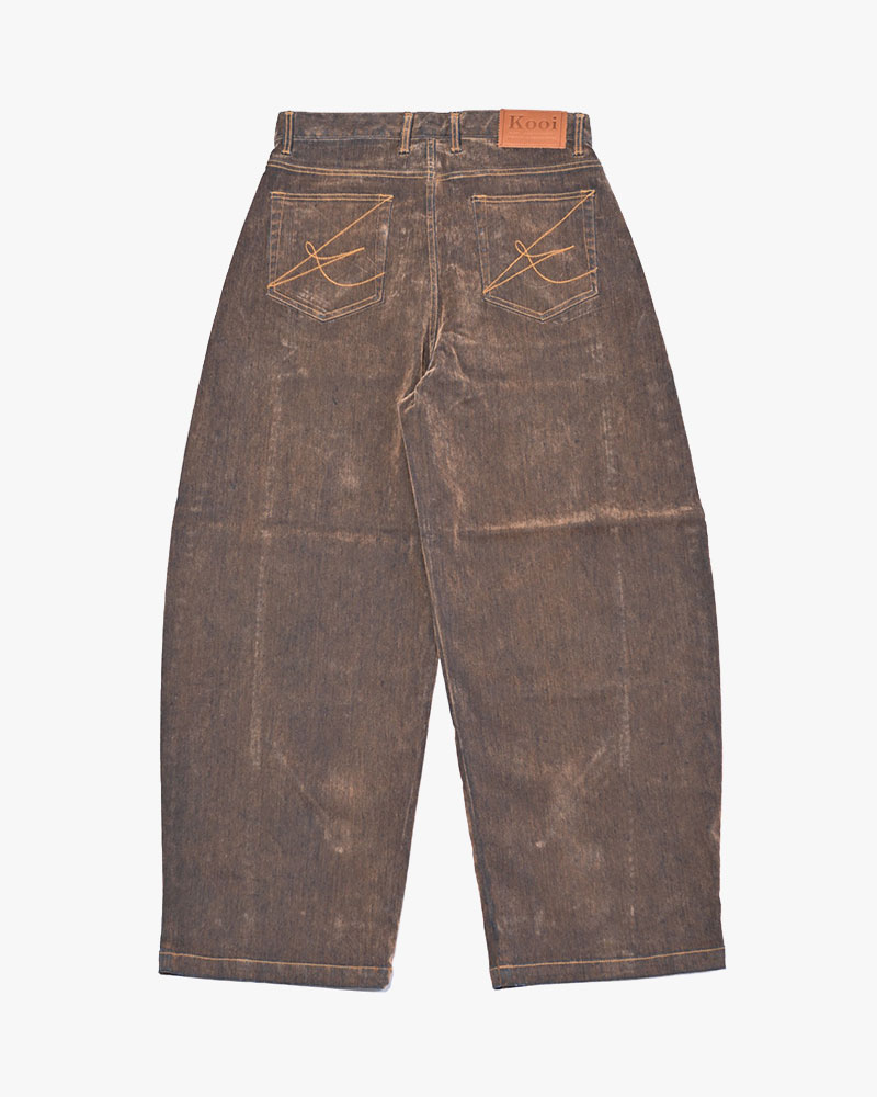 FLOCKY DENIM CURVE PANTS -BROWN-