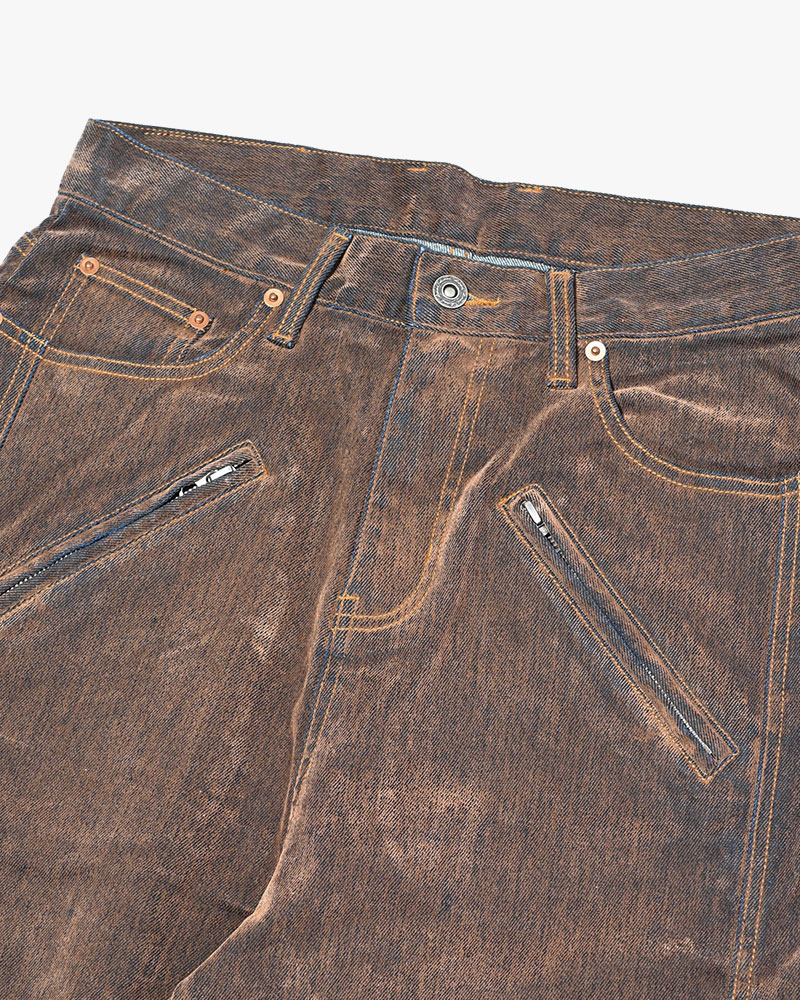 FLOCKY DENIM CURVE PANTS -BROWN-