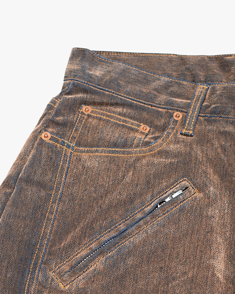 FLOCKY DENIM CURVE PANTS -BROWN-