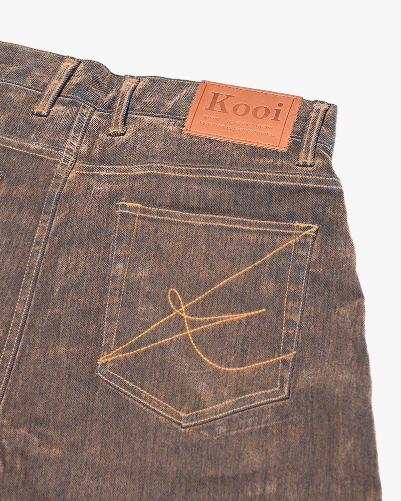 FLOCKY DENIM CURVE PANTS -BROWN-
