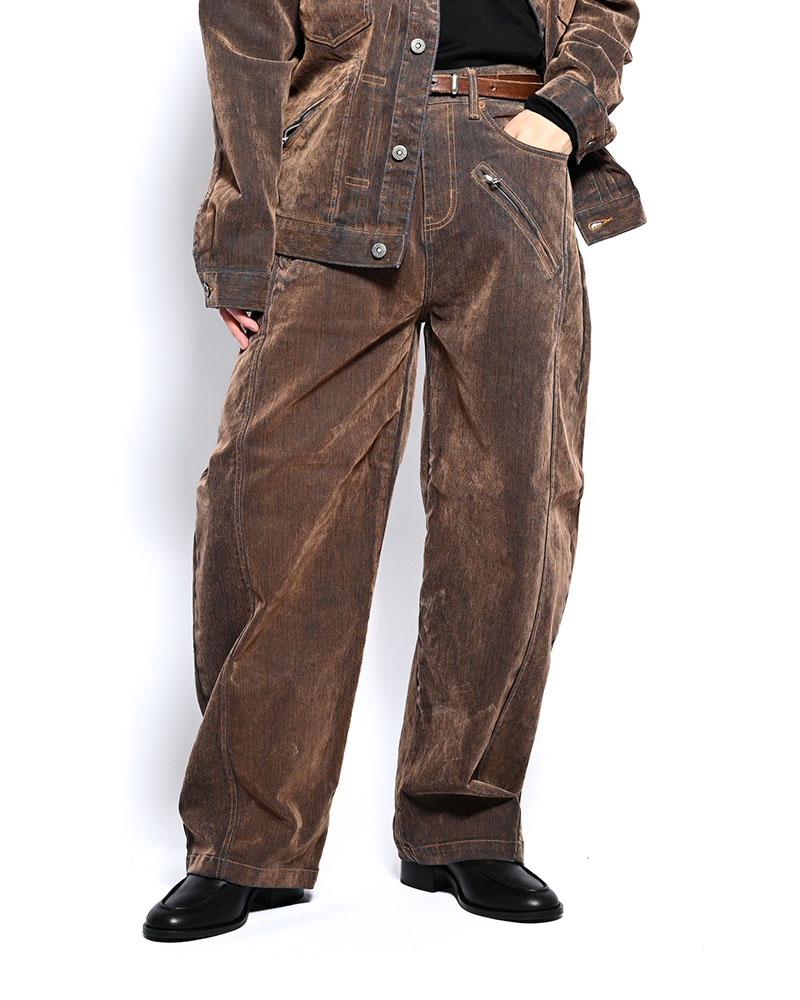 FLOCKY DENIM CURVE PANTS -BROWN-