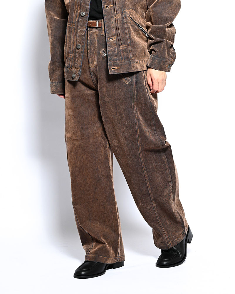 FLOCKY DENIM CURVE PANTS -BROWN-
