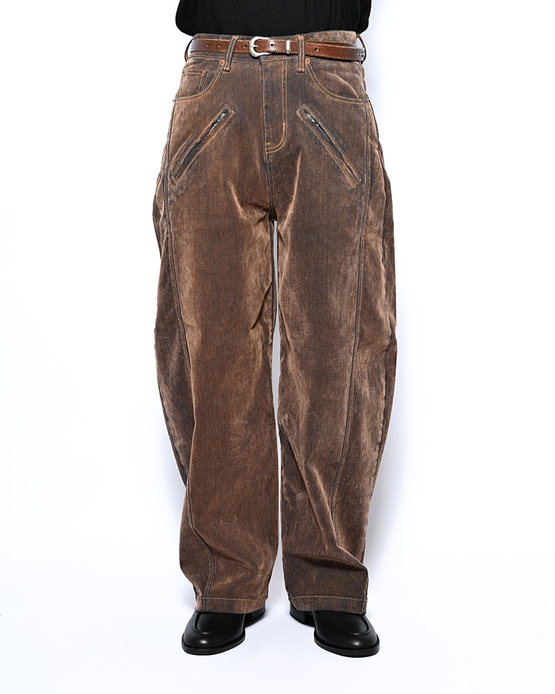 FLOCKY DENIM CURVE PANTS -BROWN-