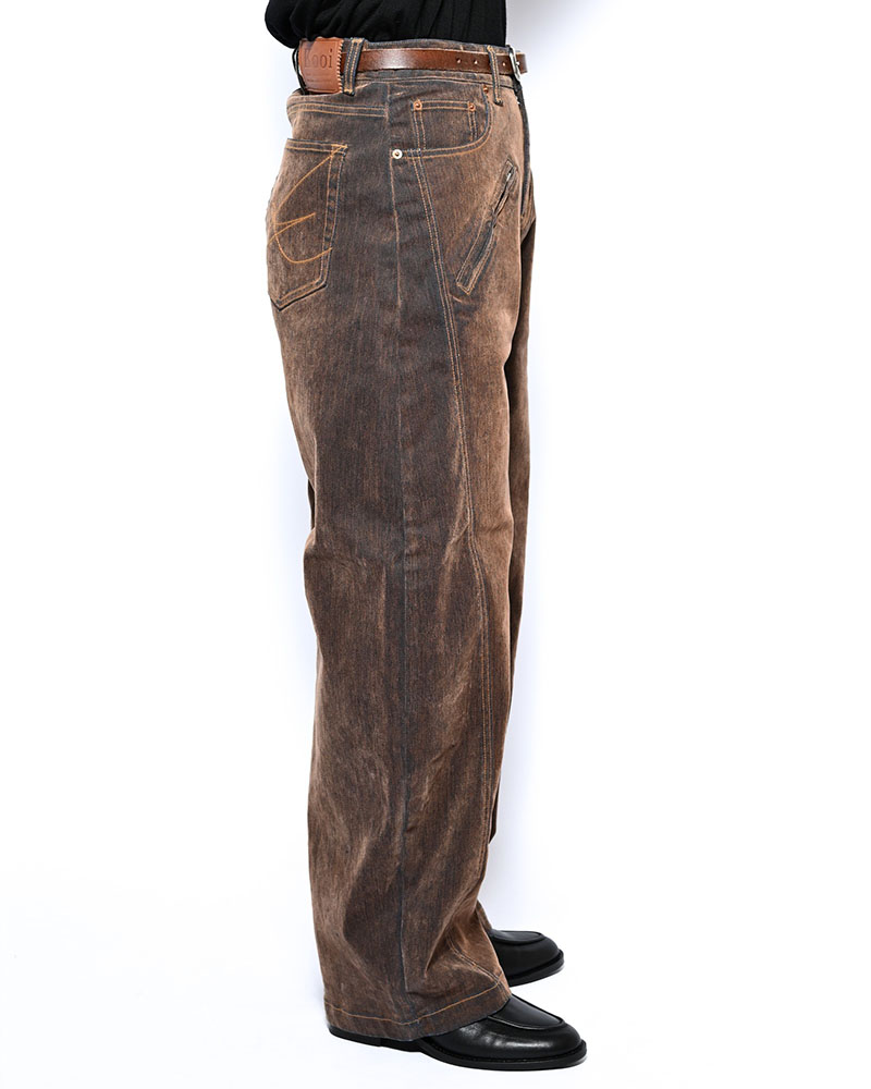 FLOCKY DENIM CURVE PANTS -BROWN-
