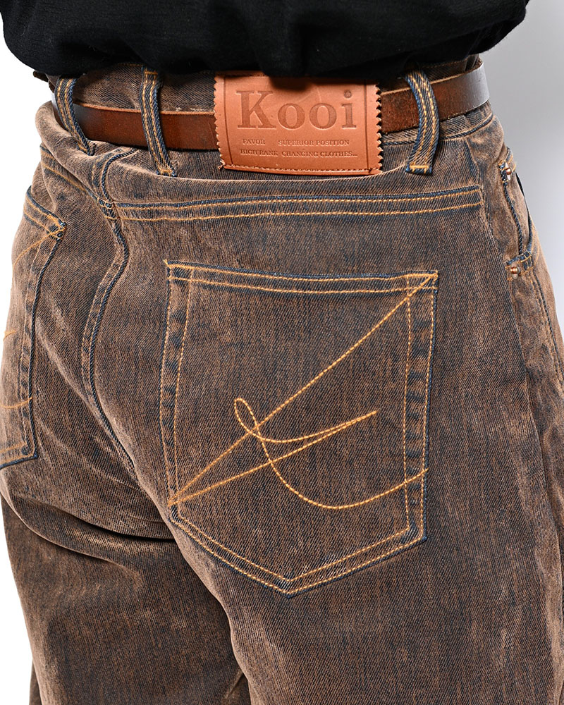 FLOCKY DENIM CURVE PANTS -BROWN-