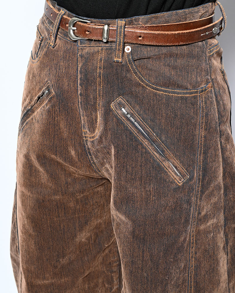 FLOCKY DENIM CURVE PANTS -BROWN-