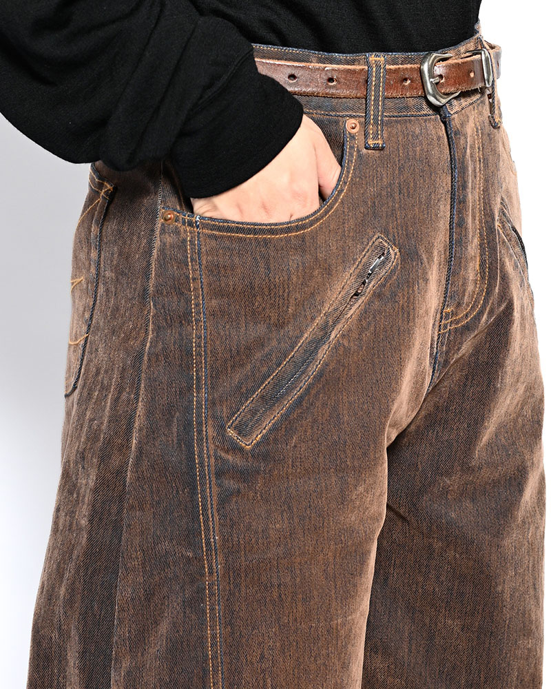 FLOCKY DENIM CURVE PANTS -BROWN-