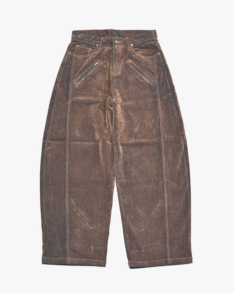 FLOCKY DENIM CURVE PANTS -BROWN-