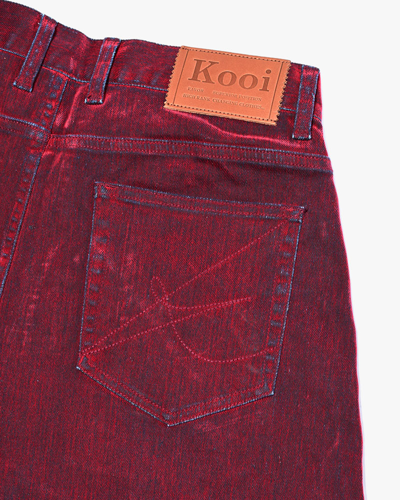 FLOCKY DENIM CURVE PANTS -RED-