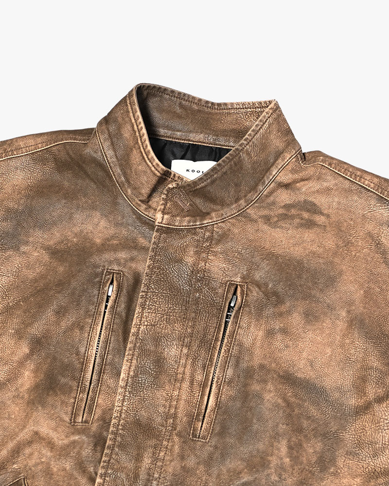 VEGAN LEATHER SHORT MODS JACKET -BROWN-