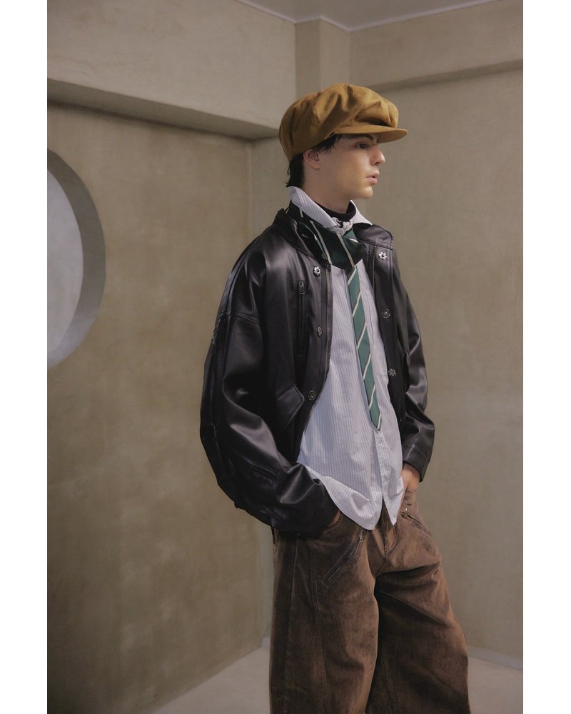VEGAN LEATHER SHORT MODS JACKET -BROWN-
