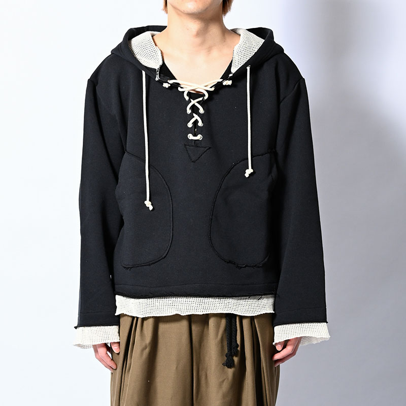 MESH LAYER LACE UP HOODIE -2.COLOR-