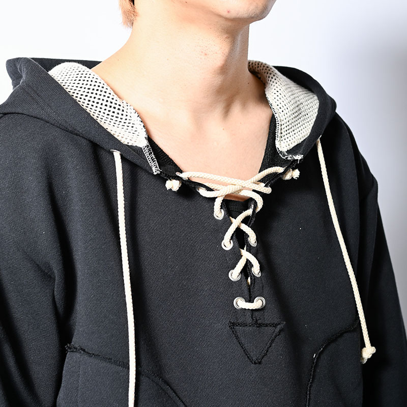 MESH LAYER LACE UP HOODIE -2.COLOR-
