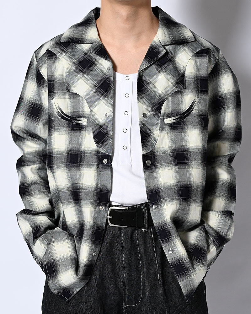 INDIGO CHECK WESTERN SHIRTS -WHITE-