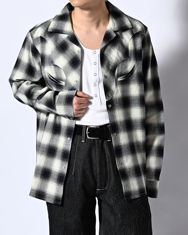 INDIGO CHECK WESTERN SHIRTS -WHITE-