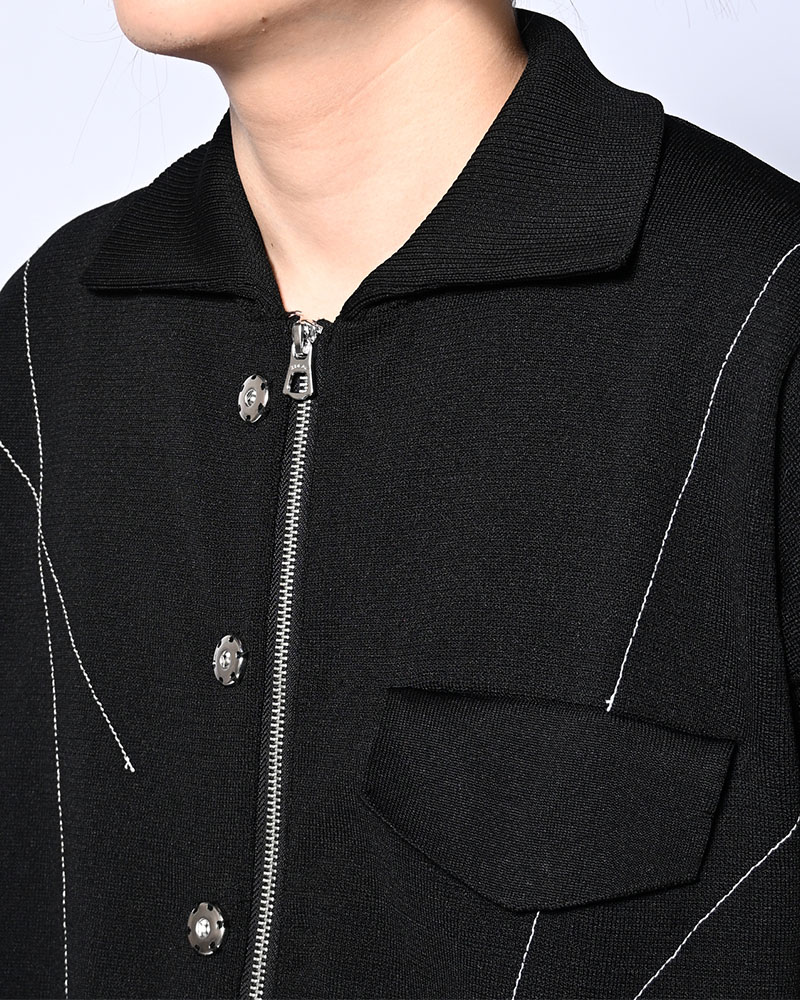STITCH KNIT BLOUSON -BLACK-