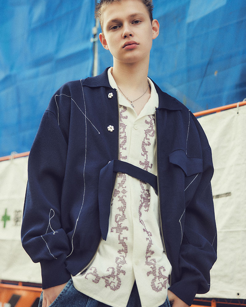 STITCH KNIT BLOUSON -BLACK-