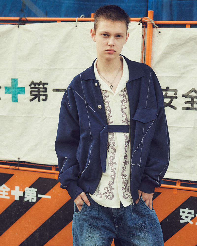 STITCH KNIT BLOUSON -NAVY-