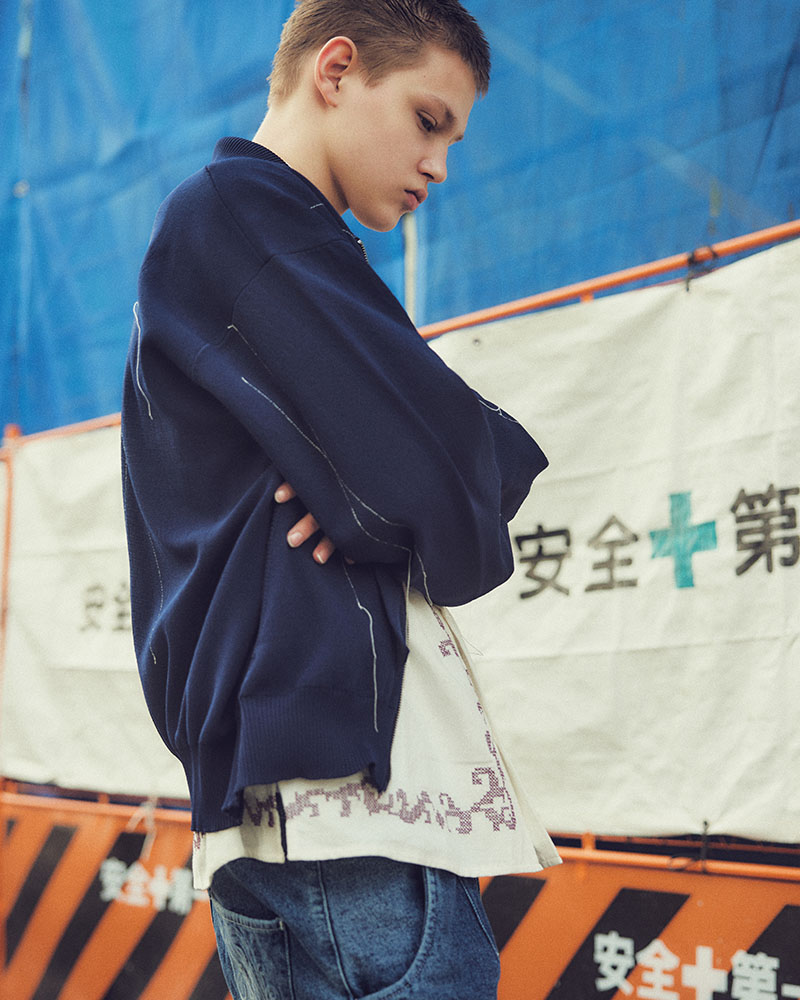 STITCH KNIT BLOUSON -NAVY-